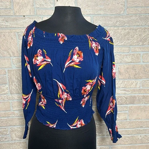 Express Blue Floral Off-Shoulder Blouse - Picture 4 of 9